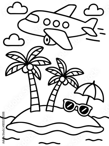 Island Adventure: An airplane soars above a tropical island paradise, adorned with palm trees, sunglasses, and an umbrella, inviting a serene escape.