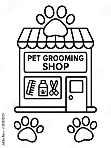 Pet Grooming Shop Illustration: A charming, outlined illustration of a pet grooming shop, complete with a storefront, paw prints, and grooming tools.