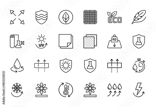 Textile and fabric property icon set. Vector pictograms of breathability, waterproof, elastic, eco friendly, thermal, uv protection, and durable thin outline illustration.