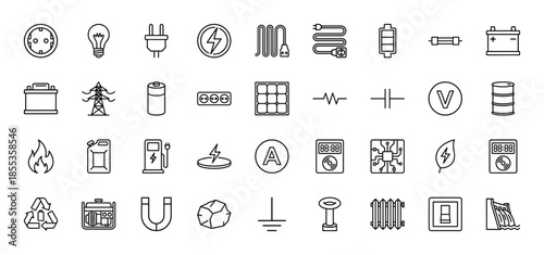 Energy and electricity icon set. Vector pictograms of battery, socket, bulb, plug, solar panel, resistor, ammeter, and generator, thin black outline illustration.