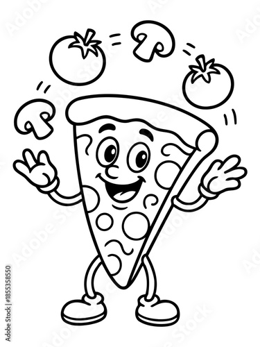 Pizza Juggler: A playful cartoon illustration features a slice of pizza juggling vegetables, embodying fun and food.