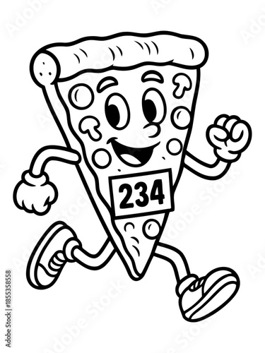 Pizza Slice Marathon Runner: A vibrant illustration depicts a lively pizza slice, complete with animated features, energetically participating in a marathon.