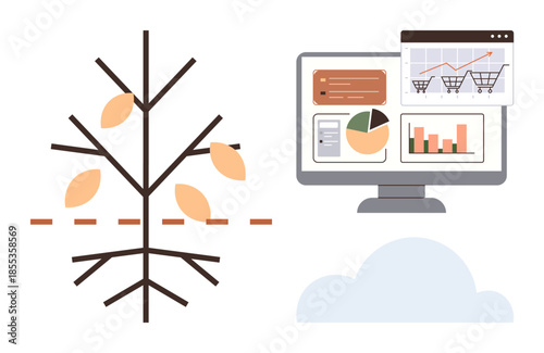 Tree with falling leaves representing decline next to a monitor displaying charts and graphs for data analysis. Ideal for business, analytics, strategy, growth, decision-making, performance