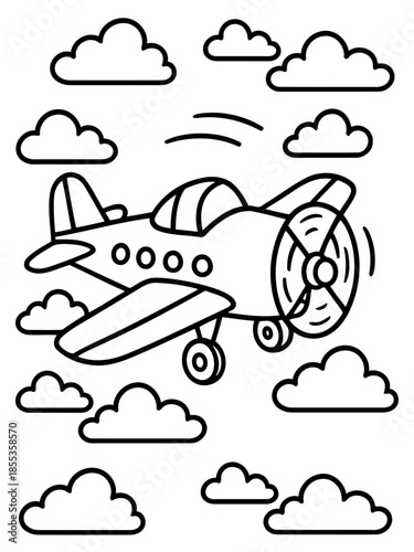 Soaring Above: A cartoon airplane takes flight among fluffy clouds, inviting viewers on a journey to the open sky.