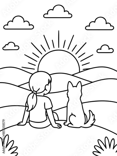 Dog and girl enjoying sunrise: A heartwarming scene unfolds as a young girl and her loyal dog sit side by side, admiring the majestic sunrise over a scenic landscape.