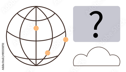 Globe with connected points, cloud shape, and question mark suggesting network uncertainty or data exploration. Ideal for technology, innovation, decision-making, communication, global trends, cloud