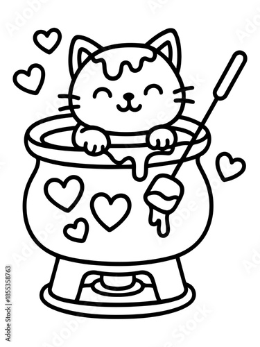 Sweet Fondue Adventure: A playful cat with a happy expression immerses itself in a delightful pot of fondue, surrounded by floating hearts, evoking a sense of joy and warmth.