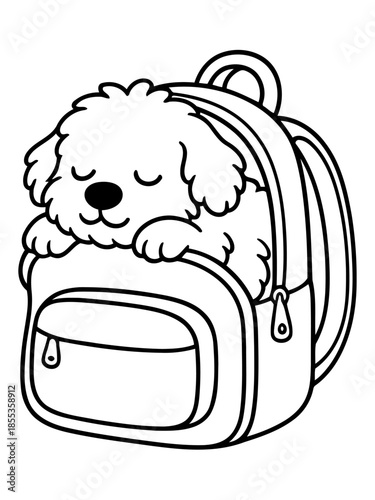 The Puppy's Adventure: A cheerful puppy playfully peeks out from a backpack, embarking on a new day. This charming illustration embodies innocence and the excitement of journey.