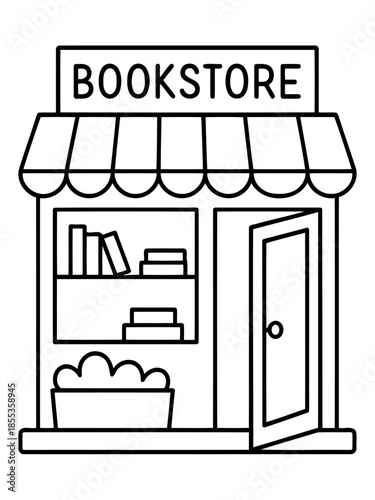 Bookstore Illustration: A quaint bookstore beckons with its open door, shelves filled with tales waiting to be discovered, under the inviting awning that spells out Bookstore.