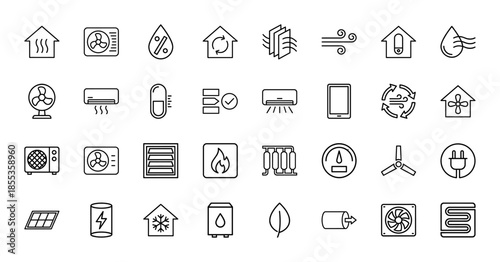 Hvac line icon set. Vector pictograms of air conditioning, heater, fan, filter, ventilation, thermometer, radiator and thermostat, thin outline illustration.