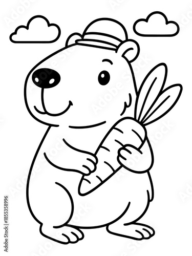 Cute cartoon capybara with carrot: a charming cartoon of a capybara with a playful smile, wearing a hat and clutching a large, juicy carrot. against a whimsical backdrop of fluffy clouds.