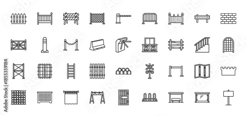 Barrier and boundary line icon set. Vector pictograms of fence, gate, bollard, railing, wall, turnstile, scaffold, ladder, curtain, and barricade outline illustration.