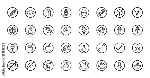 Food allergen and dietary requirement line icon set featuring vector pictograms of dairy, gluten, nuts, shellfish, meat, and vegetables in thin outline illustration.