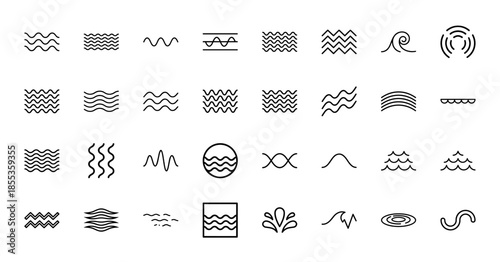 Water wave and ocean line icon set. Vector pictograms of sea ripples, river currents, splashes, liquid flow, surf, and aquatic movement, thin outline illustration.