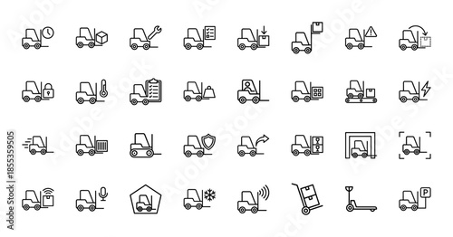 Logistics and warehouse forklift line icon set. Vector pictograms of pallet jack, lift truck, shipping container, conveyor belt, and industrial cargo loader, thin outline illustration.