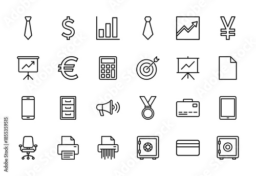Business and finance line icon set. Vector pictograms of dollar, euro, yen, calculator, chart, megaphone, safe, printer, shredder, and target, thin outline illustration.
