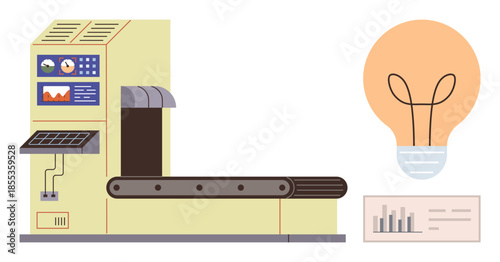 Conveyor belt machine with control panel and gauges, connected lightbulb representing innovation and creativity, alongside a data analytics card. Ideal for industry, technology, innovation