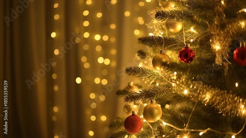 A Christmas tree decorated with red and gold ornaments and lights stands in a cozy room with warm bokeh lights in the background.