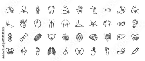 Medical pain and body ache line icon set. Vector pictograms of heart, lung, bone, spine, kidney, liver, intestine, muscle, tooth, and brain, thin outline illustration.