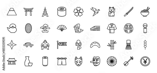 Japanese culture line icon set. Vector pictograms of sushi, bonsai, pagoda, fan, kimono, sword, ramen, lantern, mountain, and wrestler, thin outline illustration.