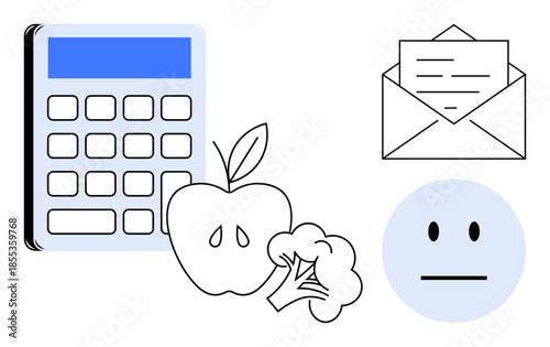 Personal finance, health planning, communication, budgeting, minimalism, visual ideas. Calculator, apple broccoli envelope face illustration. Personal finance and health planning