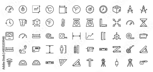 Measurement and geometry line icon set. Vector pictograms of ruler, protractor, thermometer, scale, compass, calipers, level, and surveying tools, thin outline illustration.