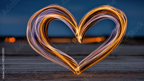 Beautiful heart shape created with light trails symbolizes love and connection, perfect for romantic night