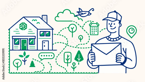 A courier delivers an envelope to a home. Concept for mail, parcel, and logistics delivery.