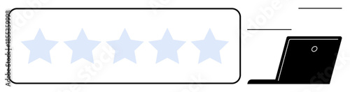 Online reviews, customer feedback, business reputation, user experience, e-commerce, digital ratings. Five stars displayed with a laptop icon. Online reviews and customer feedback illustrated