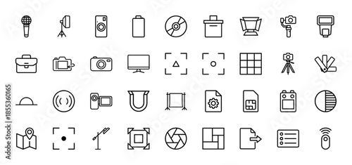 Photography and videography line icon set. Vector pictograms of camera, tripod, microphone, flash, lens, studio lighting, memory card, and gimbal, thin outline illustration.