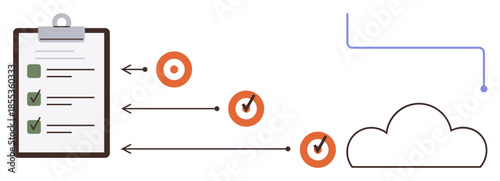 Clipboard with checklist, arrows pointing to targets and cloud for workflow tracking, project goals, and technology. Ideal for productivity, organization, planning, efficiency, strategy