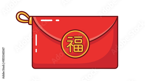 Traditional Chinese Red Envelope with Golden 福 Character, a Festive Symbol of Good Fortune and Prosperity for Lunar New Year Celebrations and Gifts, Flat Vector Illustration