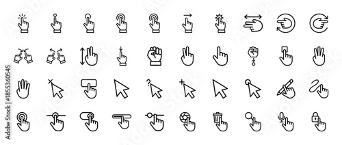 Interface gesture line icon set. Vector pictograms of cursor, click, swipe, scroll, drag, zoom, rotate, select, pinch, and tap, thin outline black stroke illustration.