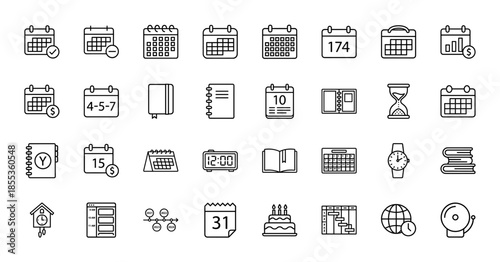 Time management and calendar line icon set. Vector pictograms of schedule, planner, clock, deadline, hourglass, timeline, and reminder, thin black outline illustration.