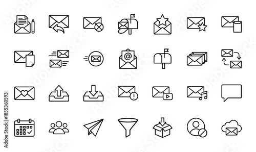 Email and communication line icon set. Vector pictograms of envelope, mailbox, message, inbox, attachment, paper plane, filter, contact and calendar, thin outline illustration.