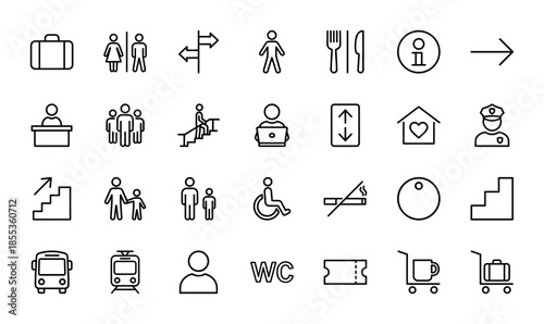 Transportation and public navigation line icon set. Vector pictograms of suitcase, restroom, stairs, elevator, smoking, ticket, and luggage cart, thin outline illustration.