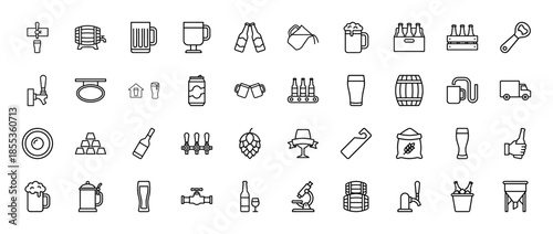 Brewery line icon set featuring vector pictograms of beer mugs, barrels, hop cones, bottles, taps, glasses, and manufacturing equipment in a thin outline style.