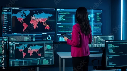 A woman monitoring real-time data on multiple screens in a command center