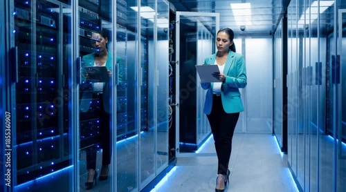 A woman inspects a server room with a tablet in her hand, showcasing modern technology and data management