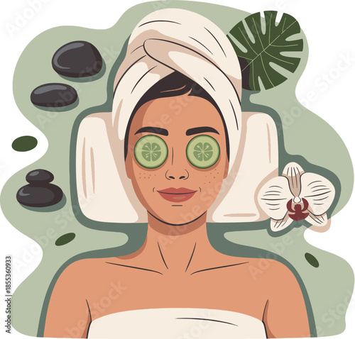 A serene woman lies on a spa bed with cucumber slices on her eyes, surrounded by stones and flowers, exuding health and relaxation in a calming atmosphere.