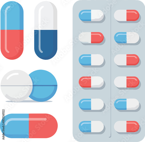 Colorful pills and capsules arranged on a blister pack and loose on a white surface for health and medical use.