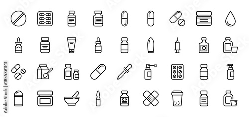 Medical pharmacology line icon set. Vector pictograms of pills, capsules, syrup bottles, syringes, droppers, inhalers, and ointments, thin outline illustration.