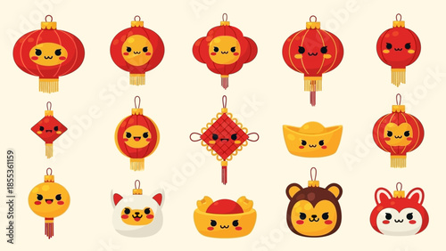 Set of Chinese New Year festive decorations and symbols, including lanterns, gold ingots, and animal faces for a festive atmosphere