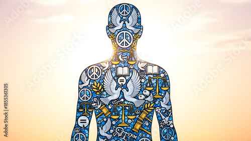Human silhouette filled with blue iconography representing peace, justice, and fundamental rights against a bright backdrop.