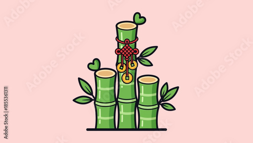 Charming illustration of green bamboo shoots adorned with gold coins, red good luck knots, and decorative hearts, representing prosperity and natural growth in a graphic style