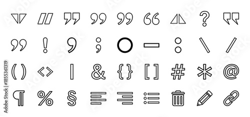 Text editing and typography line icon set. Vector pictograms of quotation marks, punctuation, paragraph, alignment, pencil, and link, thin outline illustration.