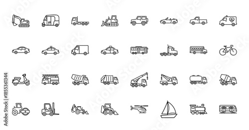 Transportation and vehicle line icon set. Vector pictograms of excavator, truck, bus, car, boat, bicycle, helicopter, train, and heavy machinery, outline illustration.