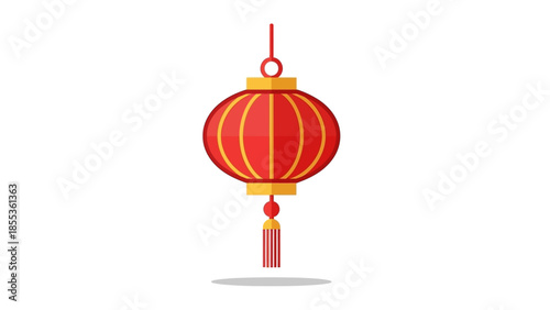 Red and yellow Chinese lantern with a tassel hanging against a white background, perfect for festive decorations