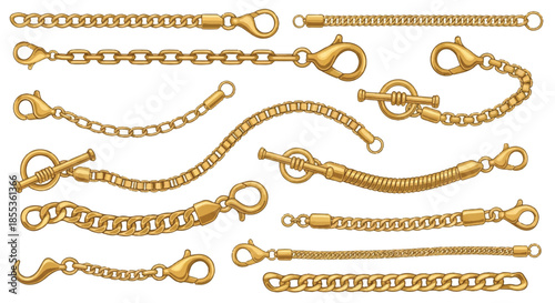 Detailed vector illustration showing a collection of shiny golden chains and connecting clasps in various popular jewelry styles arranged neatly on a clean white background.
