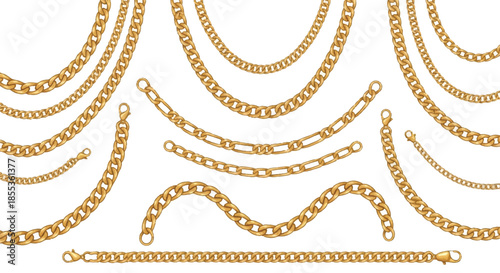 Luxurious golden chains set, rendered in a detailed 2D flat vector illustration style, showcasing high-end jewelry links elegantly isolated on a pure white background for wealth concepts.